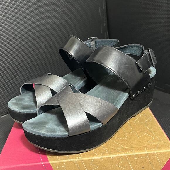Dansko Stasia Burnished Leather Sandals Black Pewter Wedge  Shoes Size 40 US 9.5 - Picture 1 of 7